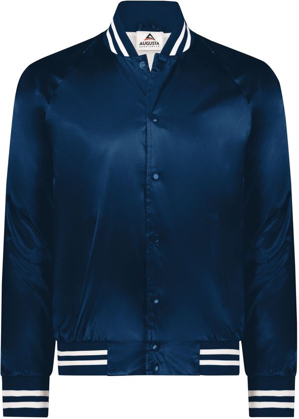 Am image of a Custom Augusta Sportswear Satin Baseball Jacket in Navy/White!