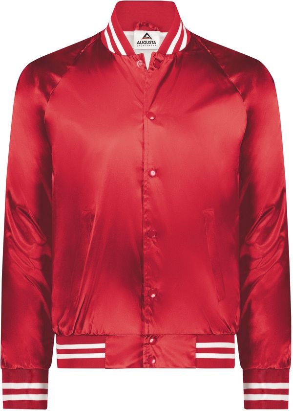 Am image of a Custom Augusta Sportswear Satin Baseball Jacket in Red/White!