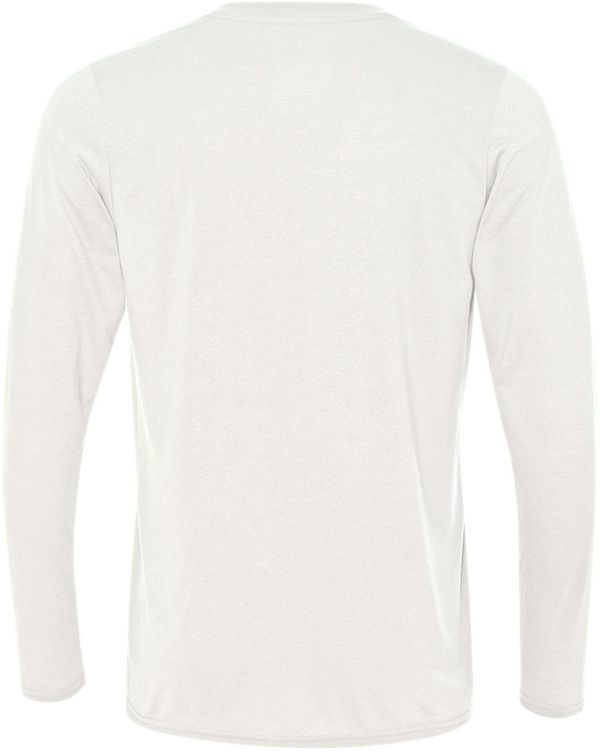 Am image of a Custom Gildan Performance Long Sleeve T Shirt in White!