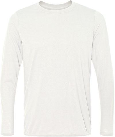 Am image of a Custom Gildan Performance Long Sleeve T Shirt in White!