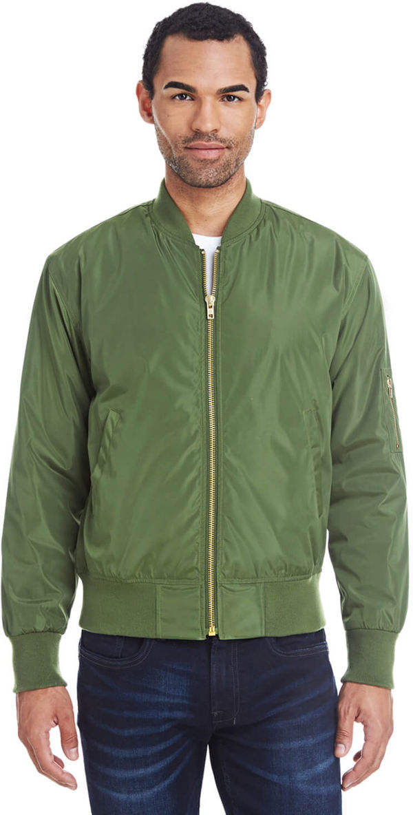 Am image of a Custom Threadfast Unisex Bomber Jacket in Army!
