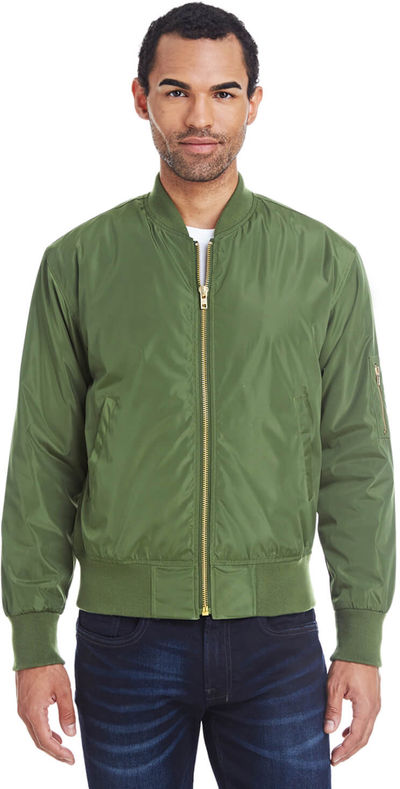 Am image of a Custom Threadfast Unisex Bomber Jacket in Army!