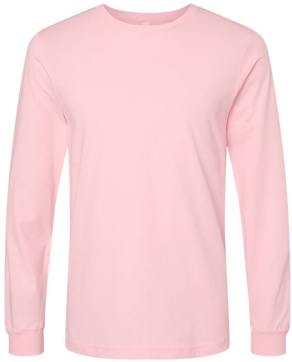 Am image of a Custom Bella and Canvas Jersey Long Sleeve T Shirt in Pink!