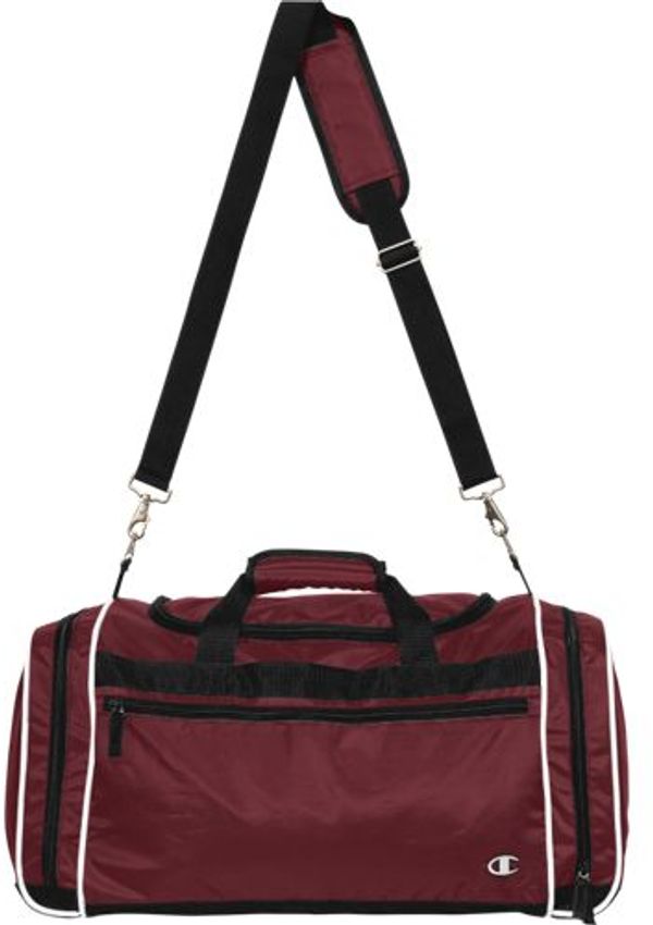 Am image of a Custom Champion All Around Duffle Bag in Maroon/Black/White!