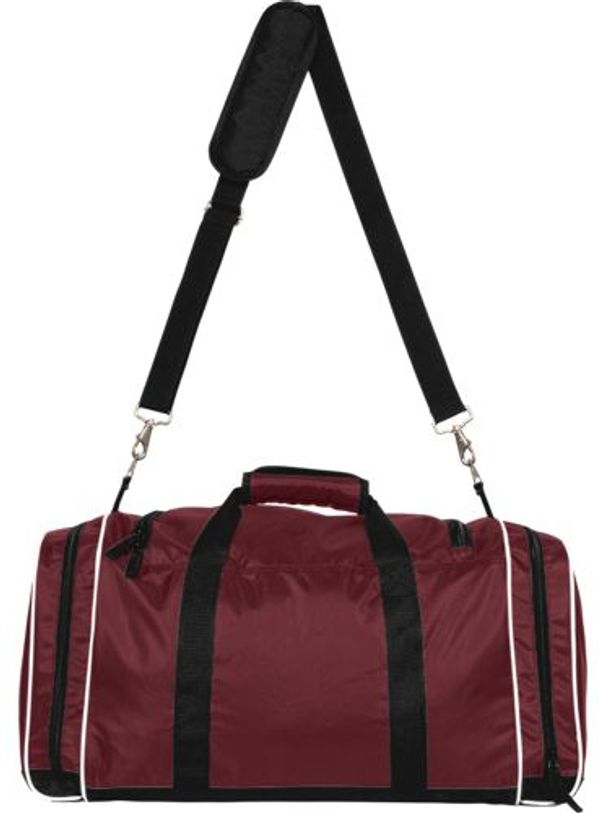 Am image of a Custom Champion All Around Duffle Bag in Maroon/Black/White!