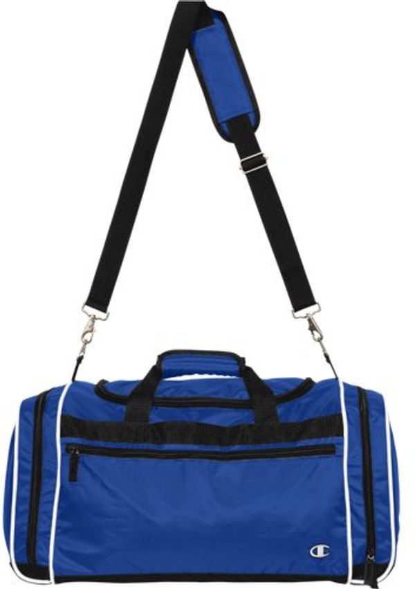 Am image of a Custom Champion All Around Duffle Bag in Royal/Black/White!