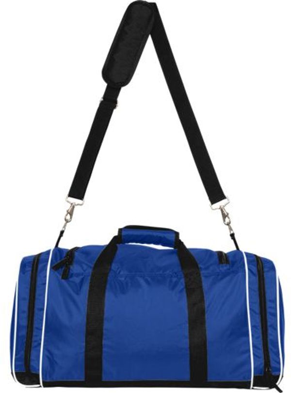 Am image of a Custom Champion All Around Duffle Bag in Royal/Black/White!