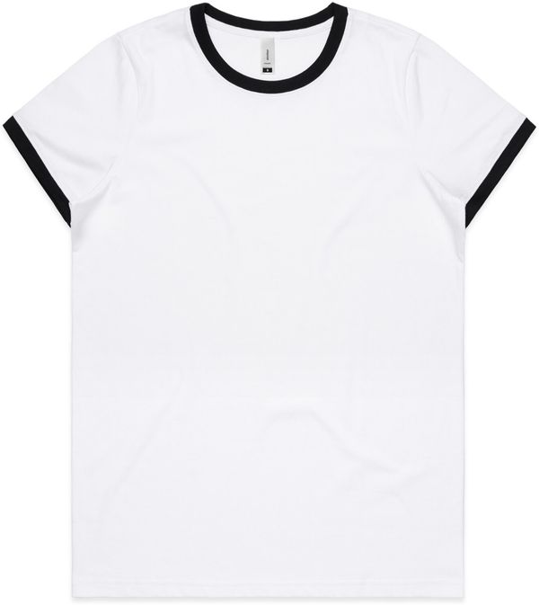 Am image of a Custom AS Colour Womens Maple Ringer Tee in White/Black!