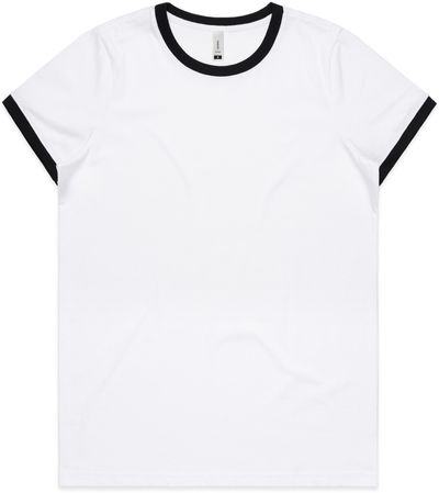 Am image of a Custom AS Colour Womens Maple Ringer Tee in White/Black!
