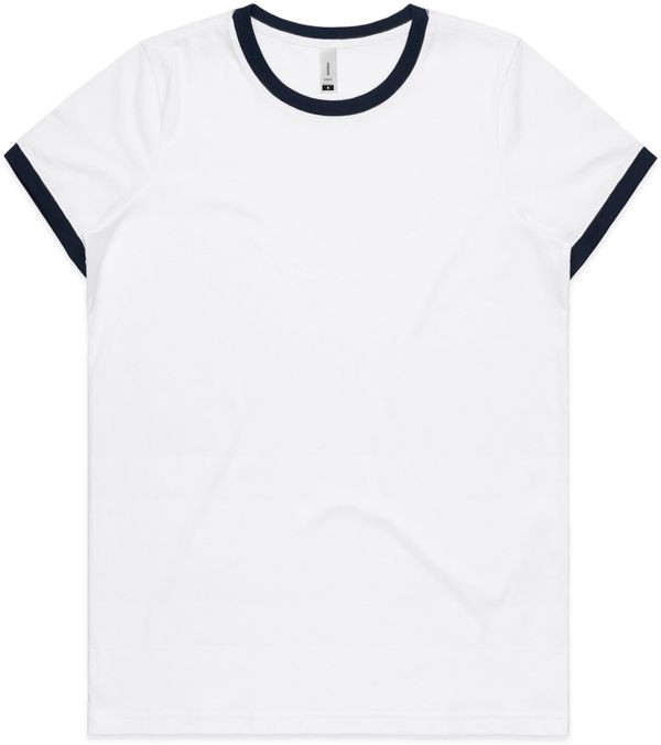 Am image of a Custom AS Colour Womens Maple Ringer Tee in White/Navy!