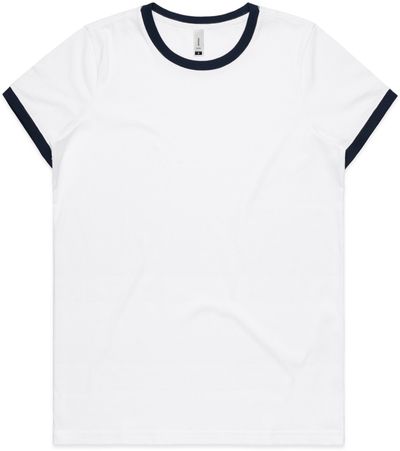 Am image of a Custom AS Colour Womens Maple Ringer Tee in White/Navy!