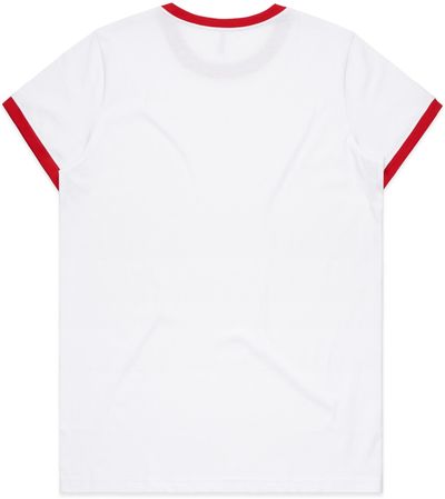 Am image of a Custom AS Colour Womens Maple Ringer Tee in White/Red!
