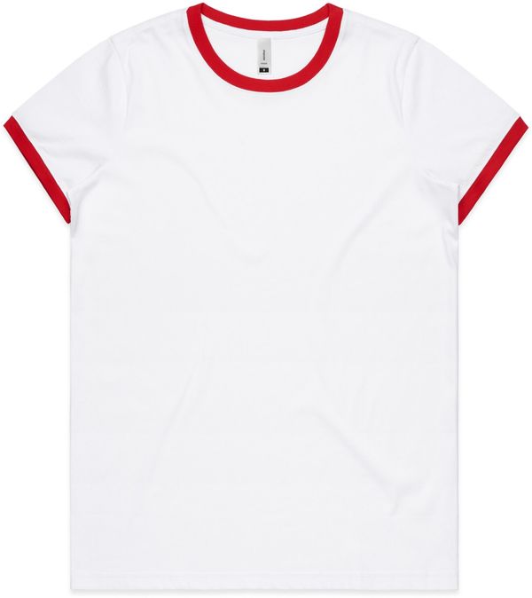 Am image of a Custom AS Colour Womens Maple Ringer Tee in White/Red!