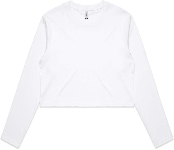 Am image of a Custom AS Colour Women's Crop Long Sleeve Tee in White!
