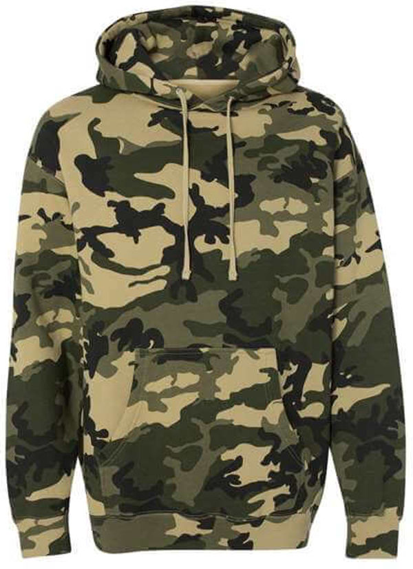 Am image of a Custom Independent Trading Co. Heavyweight Hooded Sweatshirt in Army Camo!
