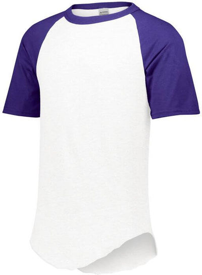 Am image of a Custom Augusta Baseball Short Sleeve Tee in White/Purple!