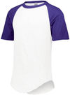 Am image of a Custom Augusta Baseball Short Sleeve Tee in White/Purple!