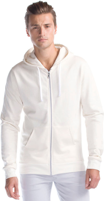 Am image of a Custom Jerico Three End Bamboo Full Zip Hooded Sweatshirt in Natural!