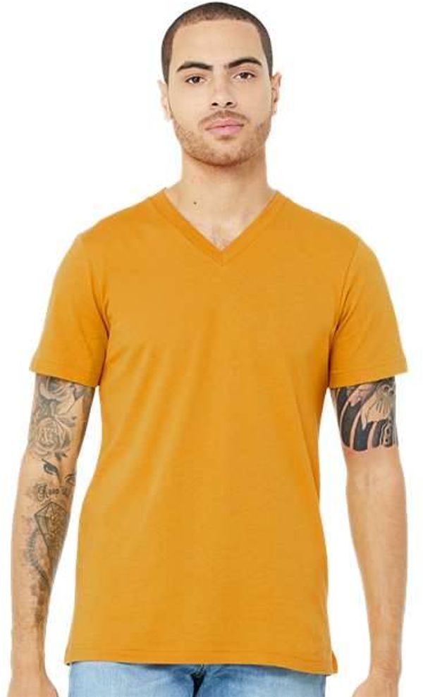Am image of a Custom Bella and Canvas Jersey V Neck Tee in Mustard!