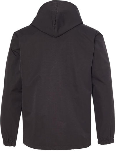 Am image of a Custom Independent Trading Co Hooded Water Resistant Windbreaker Jacket in Black!