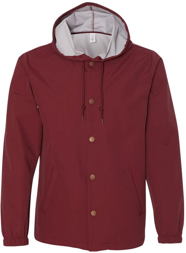 Am image of a Custom Independent Trading Co Hooded Water Resistant Windbreaker Jacket in Cardinal!