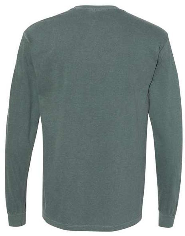 Am image of a Custom Comfort Colors Garment Dyed Heavyweight Long Sleeve T Shirt in Blue Spruce!
