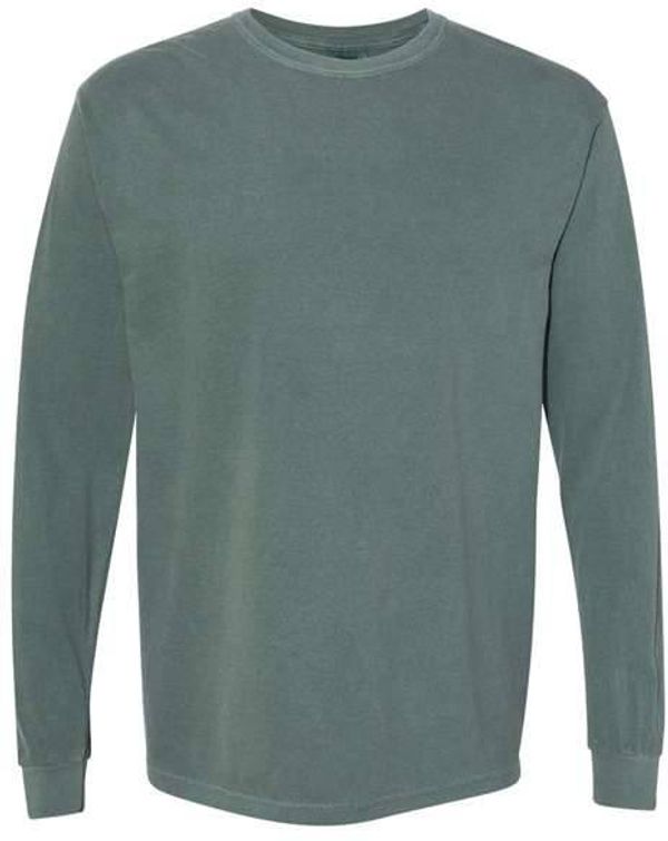 Am image of a Custom Comfort Colors Garment Dyed Heavyweight Long Sleeve T Shirt in Blue Spruce!