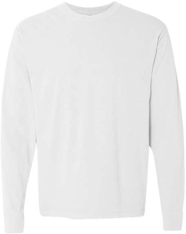 Am image of a Custom Comfort Colors Garment Dyed Heavyweight Long Sleeve T Shirt in White!