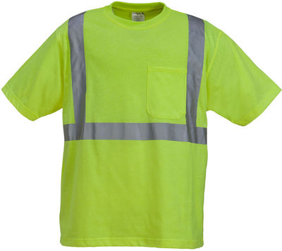 Am image of a Custom Sumaggo High Visibility Poly Cotton knitted Jersey T Shirt with Pocket in Lime!