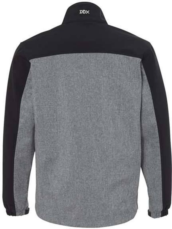 Am image of a Custom Dri Duck Motion Soft Shell Jacket in Black Heather/Black!