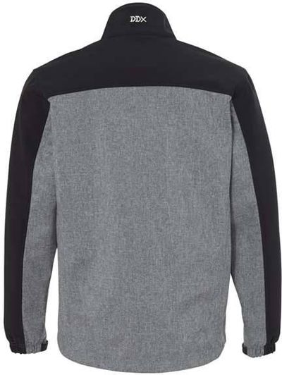 Am image of a Custom Dri Duck Motion Soft Shell Jacket in Black Heather/Black!