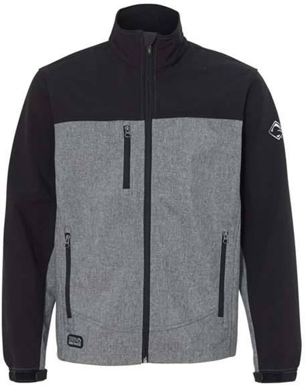 Am image of a Custom Dri Duck Motion Soft Shell Jacket in Black Heather/Black!