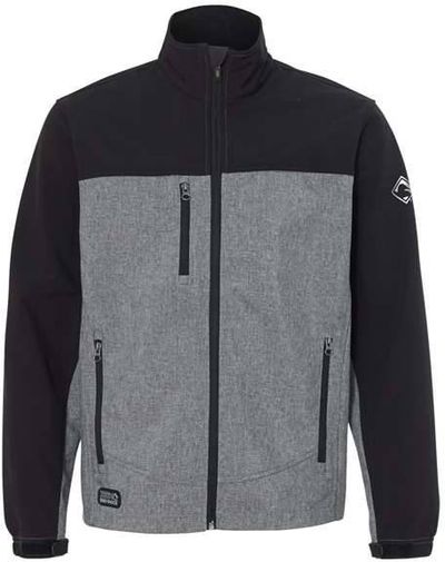Am image of a Custom Dri Duck Motion Soft Shell Jacket in Black Heather/Black!