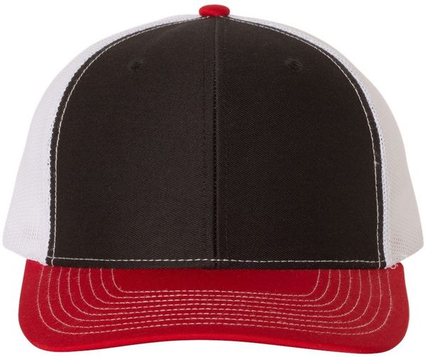 Am image of a Custom Richardson Snapback Trucker Cap in Black/White/Red!