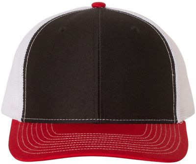 Am image of a Custom Richardson Snapback Trucker Cap in Black/White/Red!
