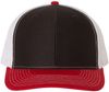 Am image of a Custom Richardson Snapback Trucker Cap in Black/White/Red!