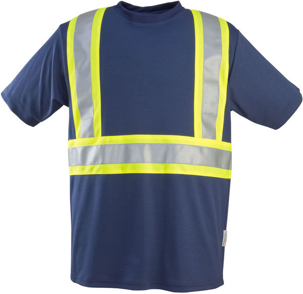 Am image of a Custom Sumaggo Level 1 Wicking T Shirt with Contrasting Stripes in Navy!
