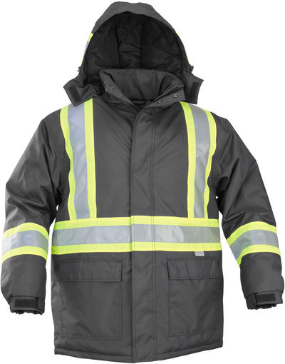 Am image of a Custom Sumaggo Heavy Polyester Cotton Winter Parka with Lime Contrasting Reflective Material in Black!