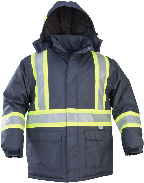 Am image of a Custom Sumaggo Heavy Polyester Cotton Winter Parka with Lime Contrasting Reflective Material in Navy!