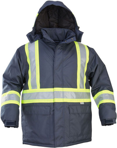 Am image of a Custom Sumaggo Heavy Polyester Cotton Winter Parka with Lime Contrasting Reflective Material in Navy!