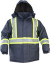 Am image of a Custom Sumaggo Heavy Polyester Cotton Winter Parka with Lime Contrasting Reflective Material in Navy!