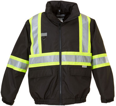 Am image of a Custom Sumaggo Bomber Safety Jacket with Lime Contrasting 3M Reflective Material in Black!