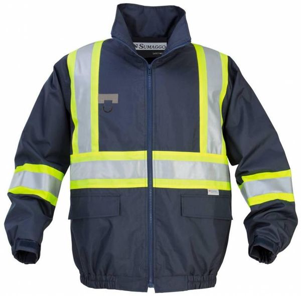 Am image of a Custom Sumaggo Bomber Safety Jacket with Lime Contrasting 3M Reflective Material in Navy!