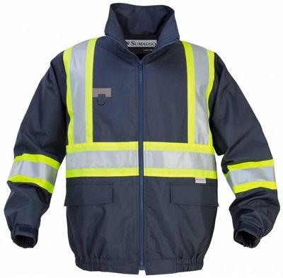 Am image of a Custom Sumaggo Bomber Safety Jacket with Lime Contrasting 3M Reflective Material in Navy!