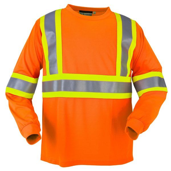 High Visibility Wicking Long Sleeve Tshirt with 4in Contrasting Stripes in Orange