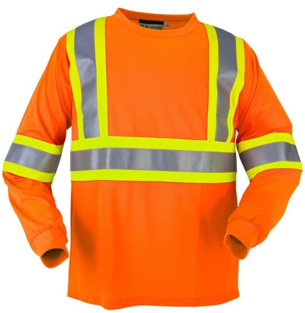 Am image of a Custom High Visibility Wicking Long Sleeve Tshirt with 4in Contrasting Stripes in Orange!