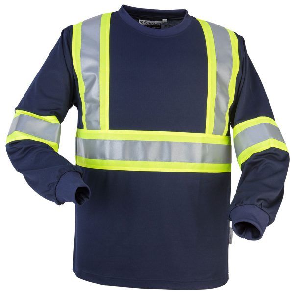 Safety Wicking Long Sleeve T Shirt with 4 inch Contrasting stripes in Navy