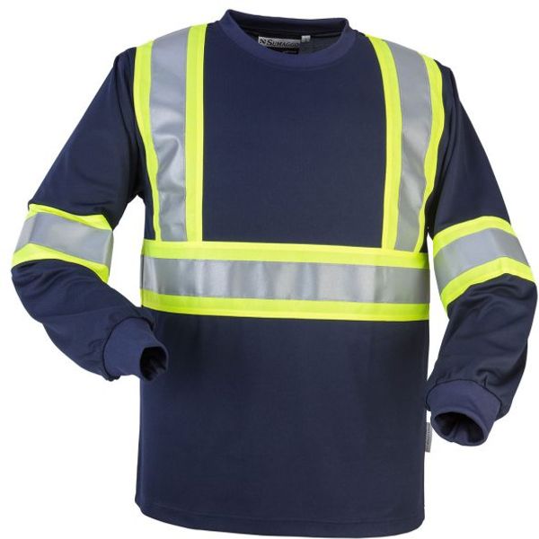 Am image of a Custom Safety Wicking Long Sleeve T Shirt with 4 inch Contrasting stripes in Navy!