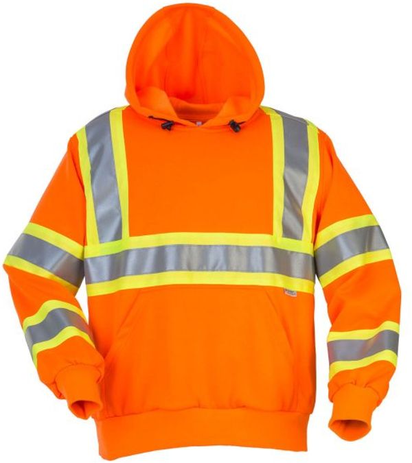 Am image of a Custom Sumaggo HV Poly Cotton Hoodie Pullover with 4 inch Contrasting Stripes in Orange!