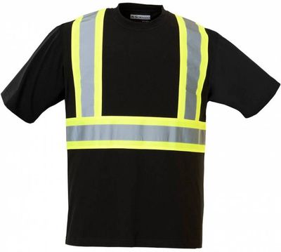 Am image of a Custom Sumaggo Safety 100 Cotton Short Sleeve T Shirt with 4 Contrasting Stripes in Black!